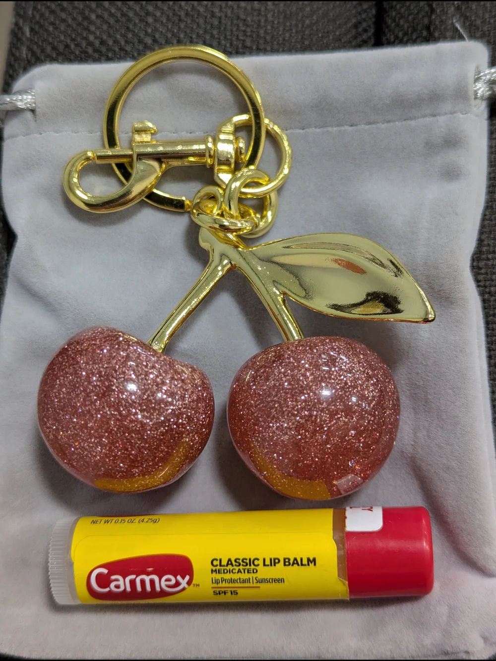 Pink Glitter Cherry Bag Charm Keychain NWOT